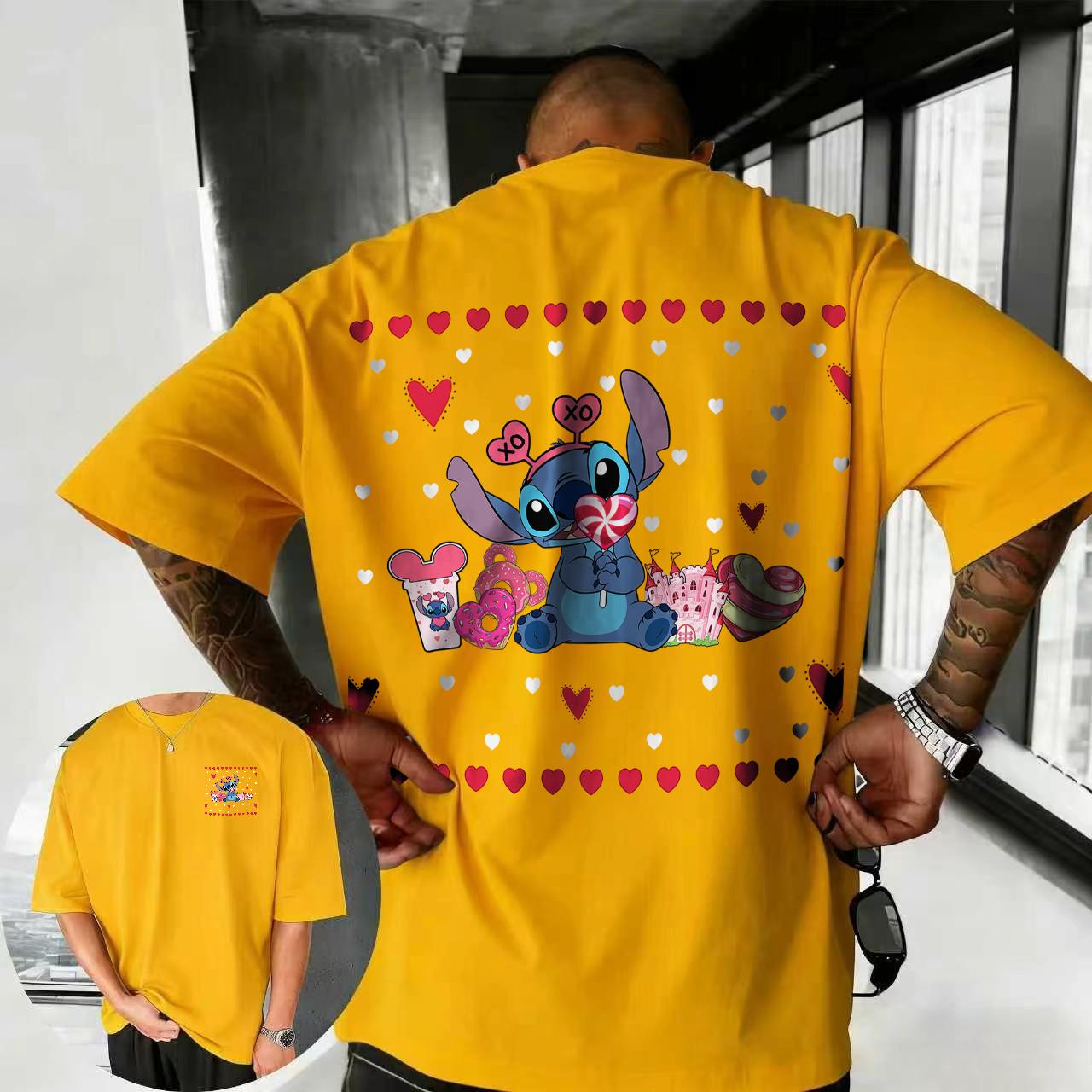 

2026 Лето Дисней Стич Футболка Мужская Уличная Мода 100% Чистый Хлопок Короткий Рукав Повседневная Свободная Дышащая Верх S