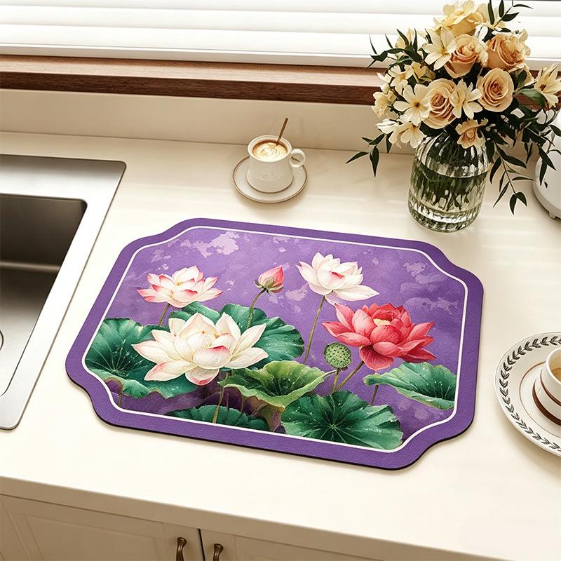 Chinese-Style Irregular Flower & Bird Diatom Mud Coffee Mat: Stain-Resistant, Easy-Clean, Non-Slip Kitchen Draining Mat
