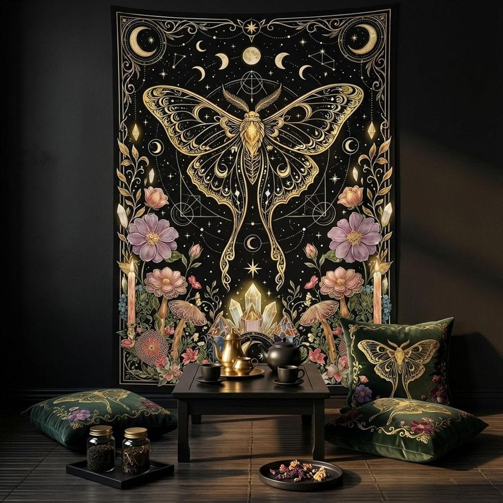 Bohemian Moon Moth Tapestry, Mystical Luna Moth with Floral Accents & Crystals, Wall Art for Celestial & Whimsical Rooms