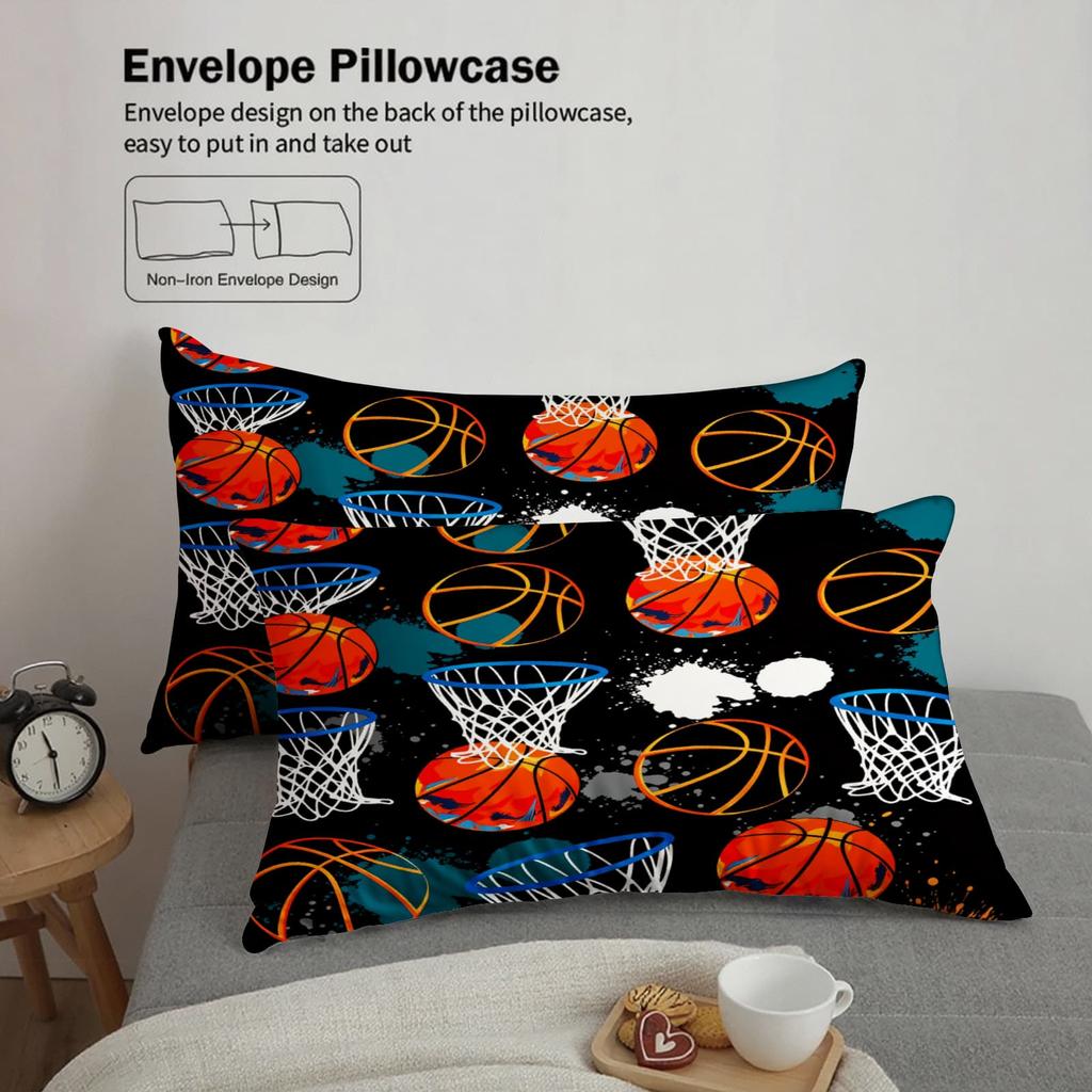 3pcs Basketball & Hoop Graffiti Print Duvet Cover Set – for Kids Gift 100%Polyester, Soft, Breathable for Bedroom Decoration