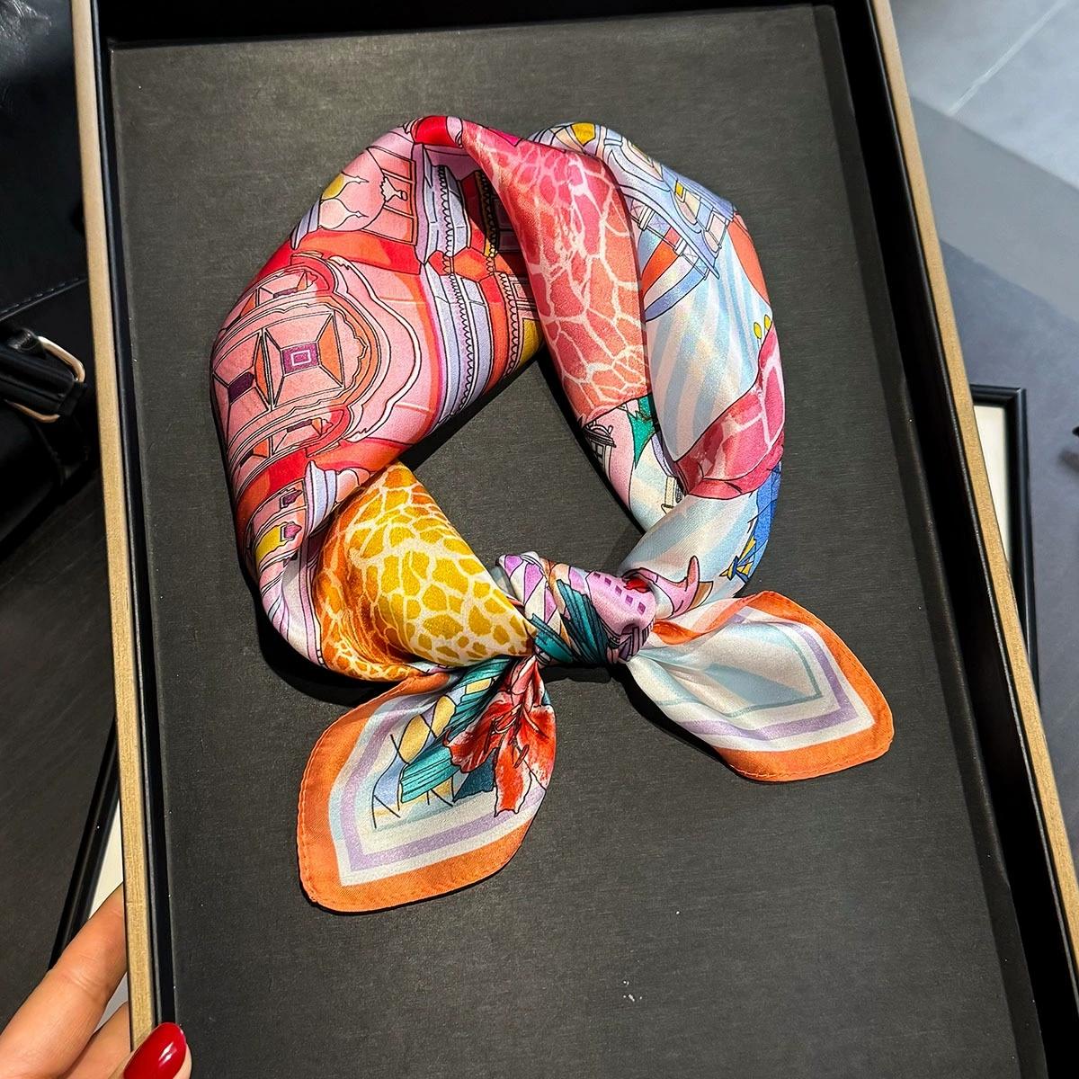 53Cm Square 100% Silk Scarf Luxury Design Printed Small Head Neck Hijab Women Kerchief High Quality Silk Bandana Scarves 53x53cm