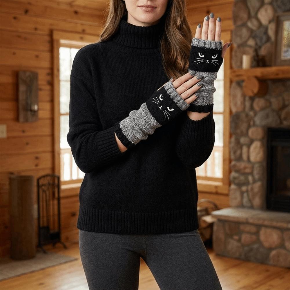 Thick Half Finger Gloves Thickened Cat Embroidery Gloves Vintage Knitted Fingerless Gloves Girls