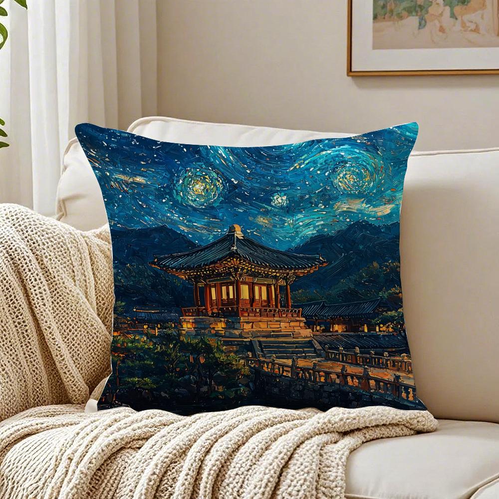 Korea Foguo Temple Cushion Cover Linen Pillowcase Soft for Sofa Bed Home Room Decor