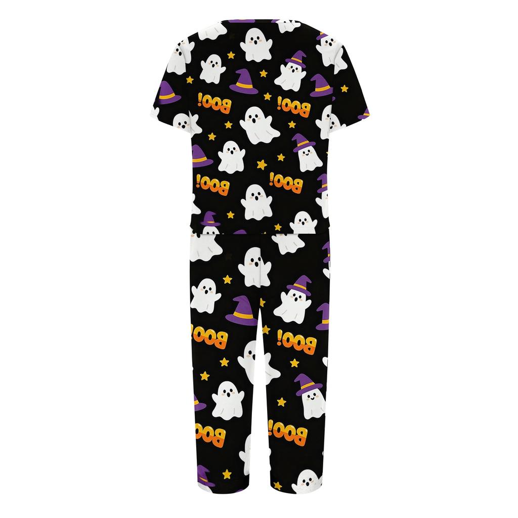 Women Halloween Printed Two Piece Set Short Sleeve Casual Top and Cropped Pants Comfortable Relaxed Fit Outfit