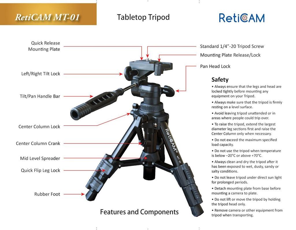 RETICAM MT01 Mini Tabletop Tripod with Quick Release and Carrying Black 3-Way Pan/Tilt Head, Plate, Bag, Aluminum,
