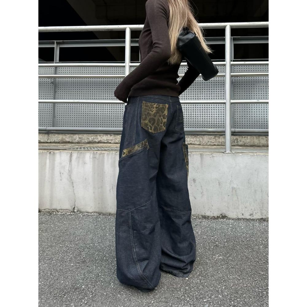 Retro Lampart Łączone Spodnie Cargo Damskie Y2k Hip Hop Causal Luźne Kieszenie Koreańskie Szerokie Nogawki Spodnie Jeansowe Harajuku Szyk Spodnie