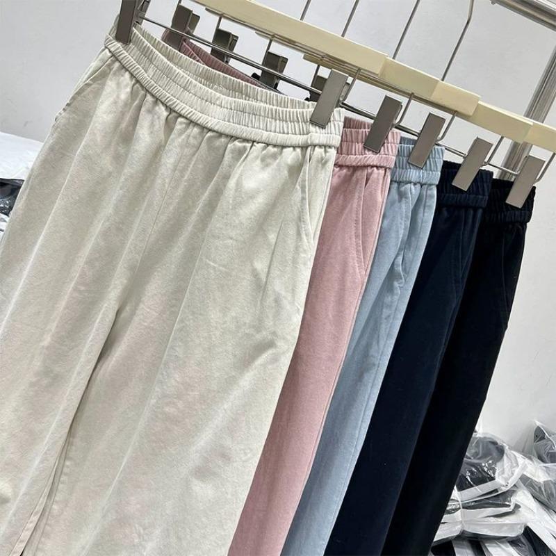 Women Casual Wide Leg Pants Elastic Waist Ruffle Hem Cropped Pants