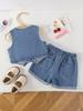 Two-piece Set for Girls: Sweet Cherry Embroidered Button-down Sleeveless Top and Versatile Retro Blue Denim Shorts with Rolled-up Cuffs.