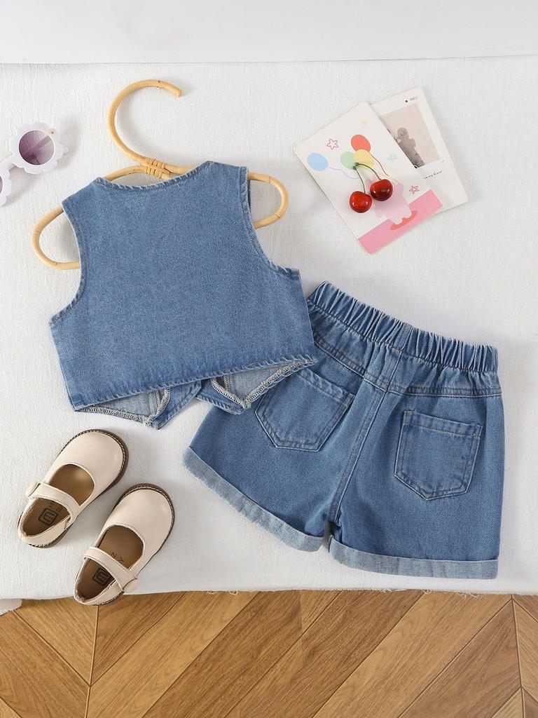 Two-piece Set for Girls: Sweet Cherry Embroidered Button-down Sleeveless Top and Versatile Retro Blue Denim Shorts with Rolled-up Cuffs.