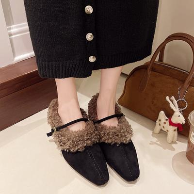 Retro Thick Heel Mary Jane Shoes Women's Winter New Fluffy Shoes Wear Fleece Low Heel Light Mouth Single Shoes