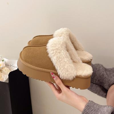 Cowhide Version! Warm Winter Chestnuts~ Velvet Thick-soled Wool Wool Slippers for Women's Bag Head and Half Slippers To Wear Outside