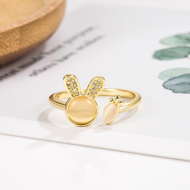 Opal Bunny Rabbit Heart Ring: Charming Rhinestone Ear Design for Women Adjustable Open Design