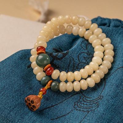Bracciale Topazio Crema Radice di Bodhi: Perline buddiste unisex a doppio cerchio con motivi di abaco e loto