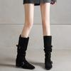 Giant Versatile Retro Matte Leather But Knee Boots Women'S Boots Belt Buckle 4.5Cm Mid-Heel Western Boots