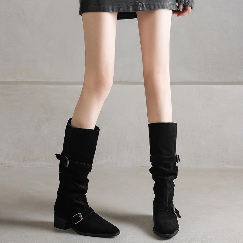 Giant Versatile Retro Matte Leather But Knee Boots Women'S Boots Belt Buckle 4.5Cm Mid-Heel Western Boots
