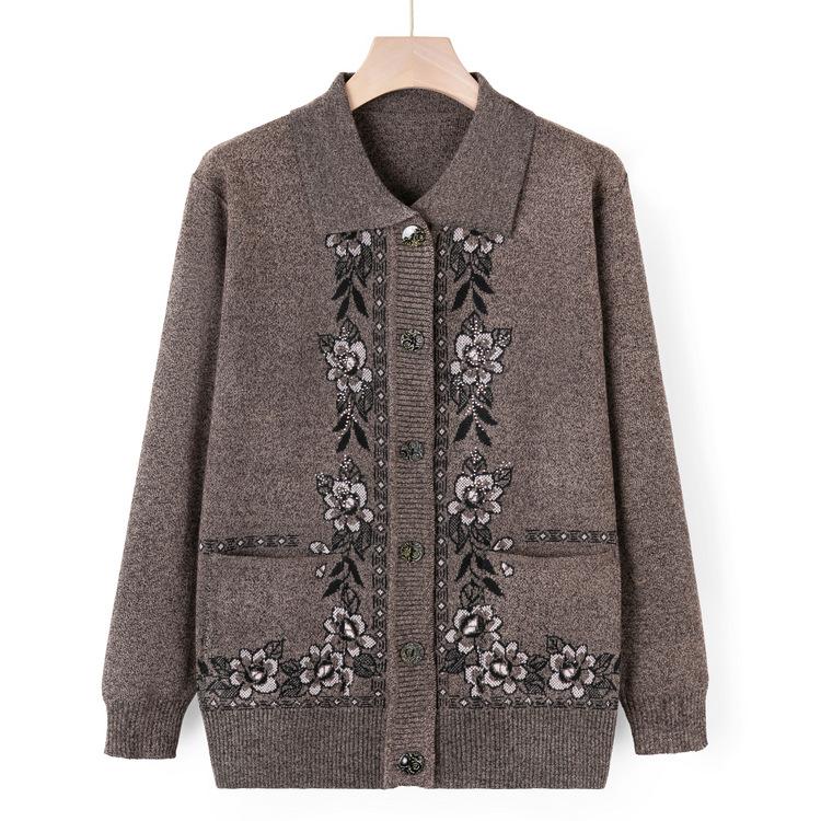 Autumn Lapel Knitted Sweater In The Elderly Cardigan Sweater Jacket Female Mother Autumn and Winter Clothing