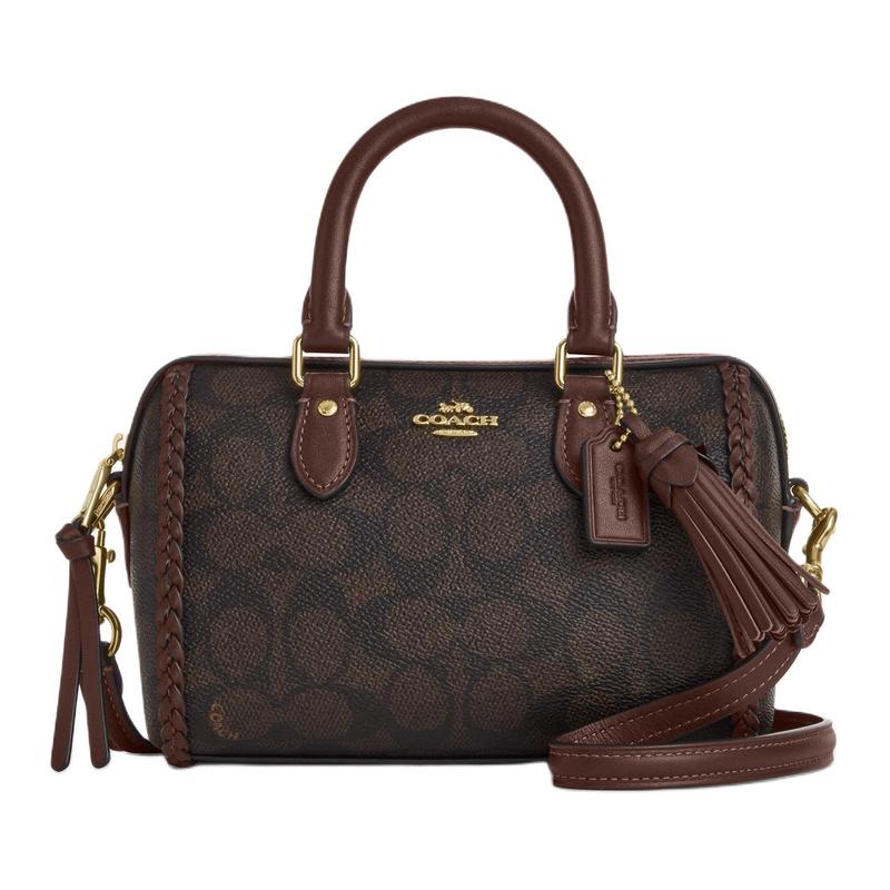 

COACH Rowan 18 Classic Logo Tassel Detail Faux Leather Handbag Small Women s Walnut and Maple Brown коричневий