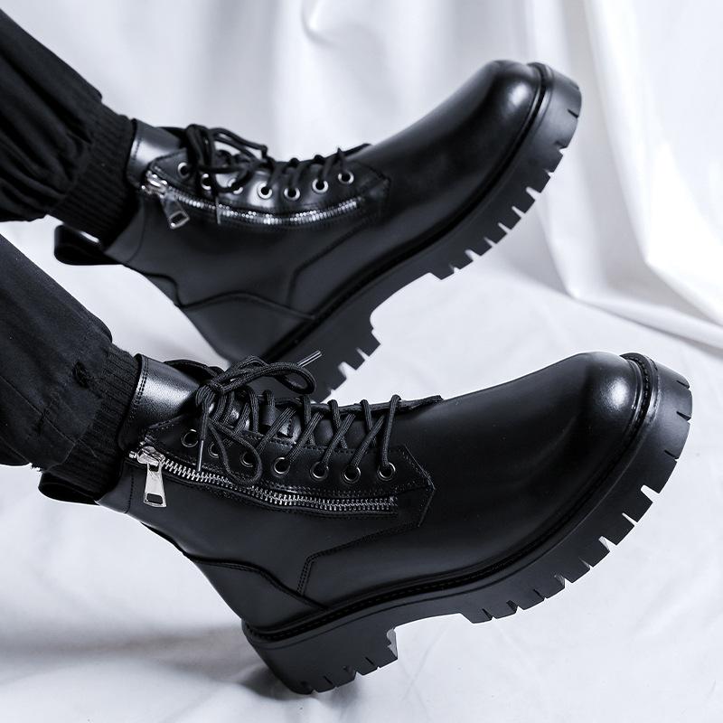 Ins Martin Boots Side Zipper High-top Leather Boots British Style Autumn and Winter Versatile Medium-top Thick-soled Heightening Boots 1133-W