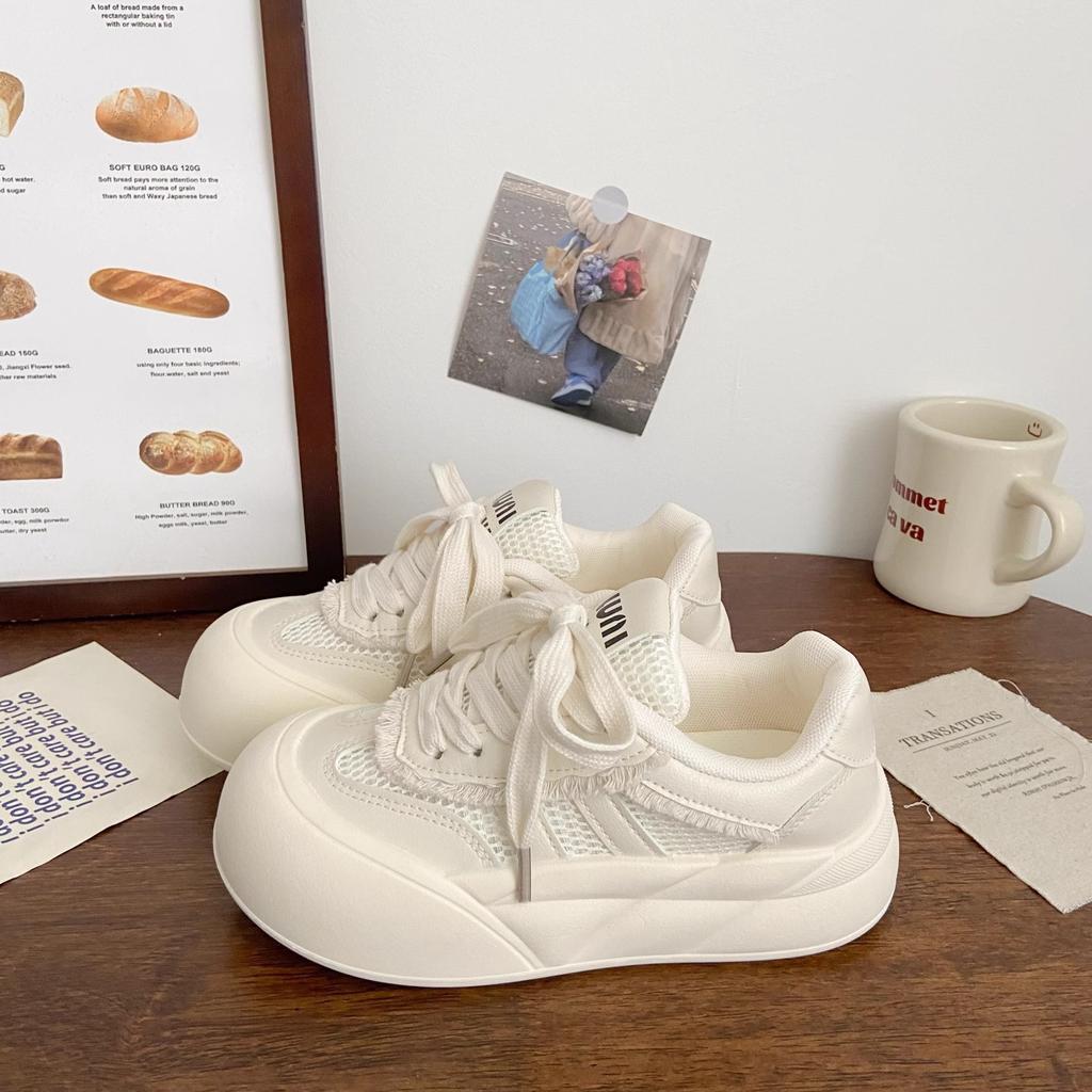 2025 summer new breathable mesh shoes children's little white shoes platform bread shoes cute round head showing feet small women's shoes