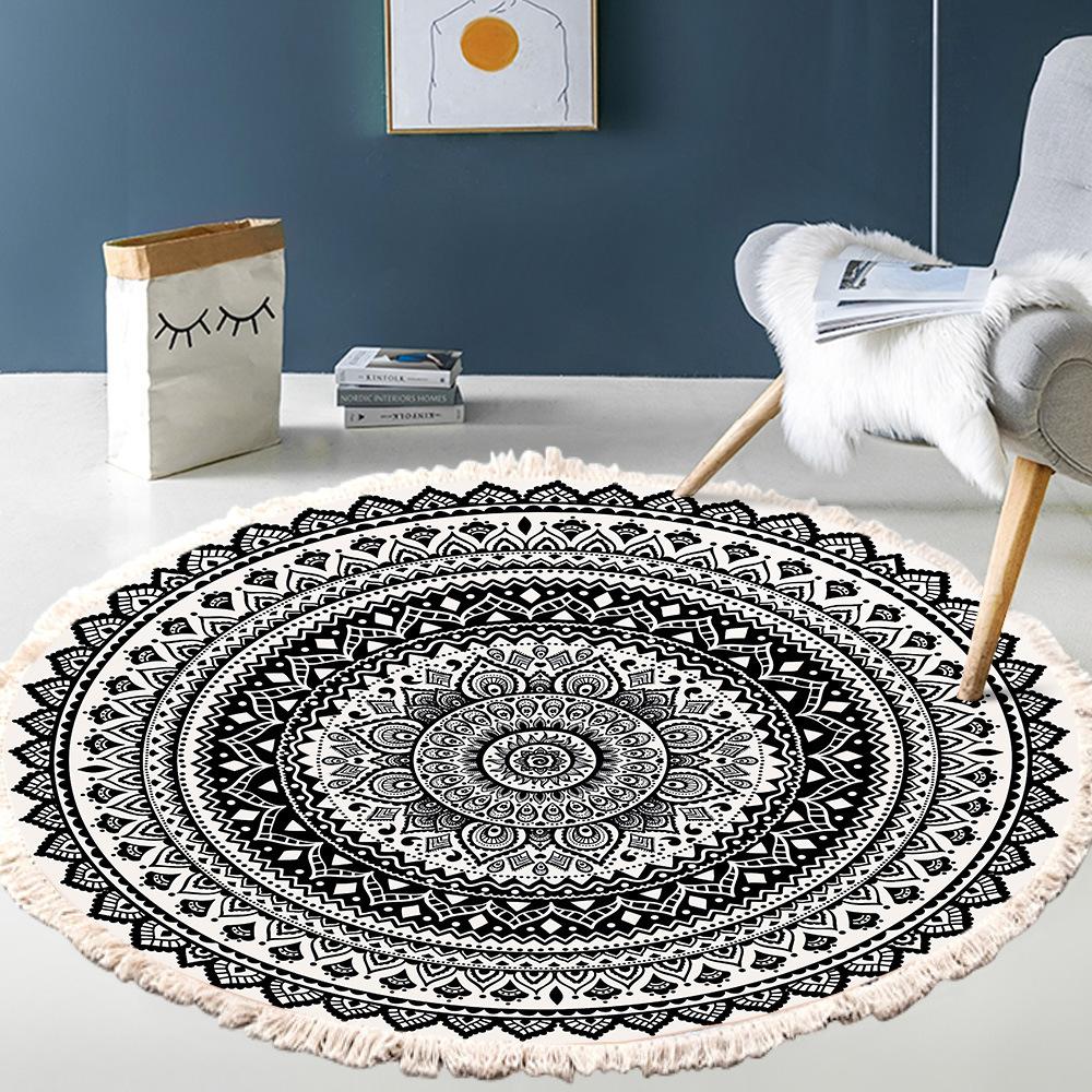 Nordic Cotton and Linen Home Leisure Non-slip Fringed Printed Round Carpet Living Room Floor Mat Bedroom Bedside Blanket