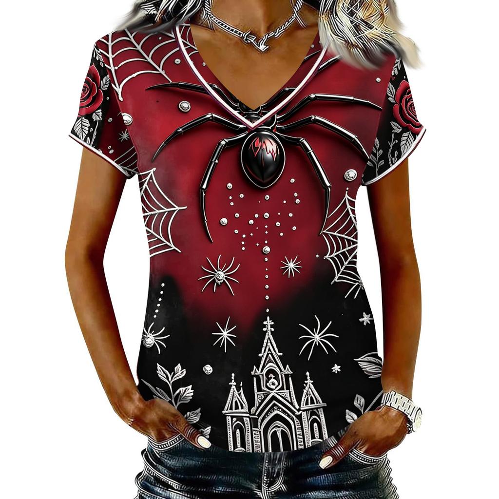 Women's Casual V Neck Short Sleeve T-Shirt Halloween Print Pullover Top