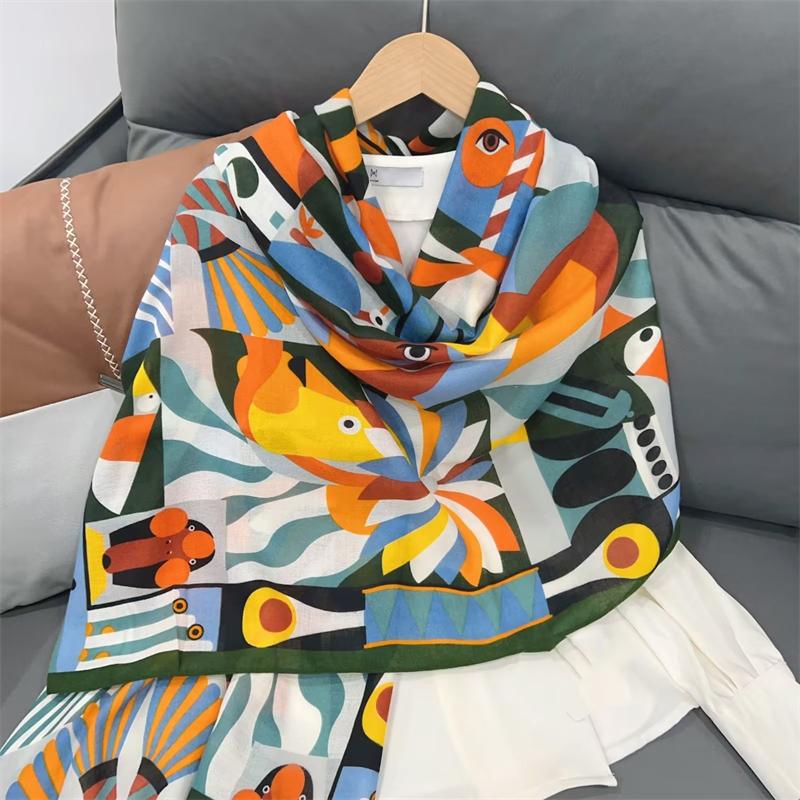New Cotton Linen Scarf Versatile Printing Long Scarf Spring Autumn Korean Style Shawl Outerwear Warm Fashionable Women'S