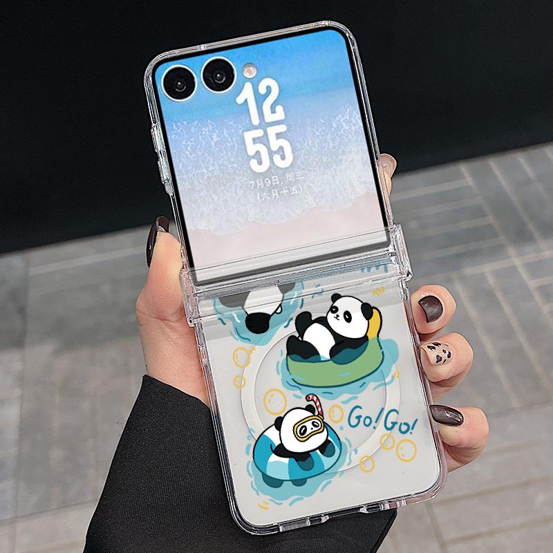 Cute Panda Print Case For Samsung Z Flip 8 7 FE 6 5 Magnetic Clear Hard PC Folding Phone Cover For Galaxy Z Flip8 Flip7 Flip6