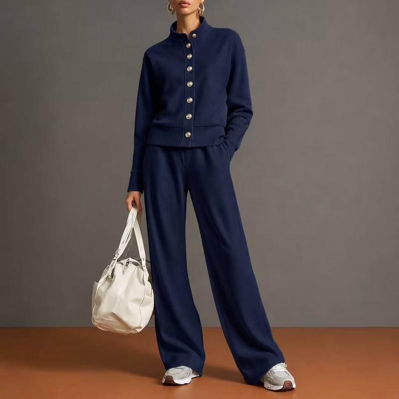 2026 Womens Solid Color Stand Collar Hoodie Wide Leg Pants Set Casual Comfort Outfit Winter