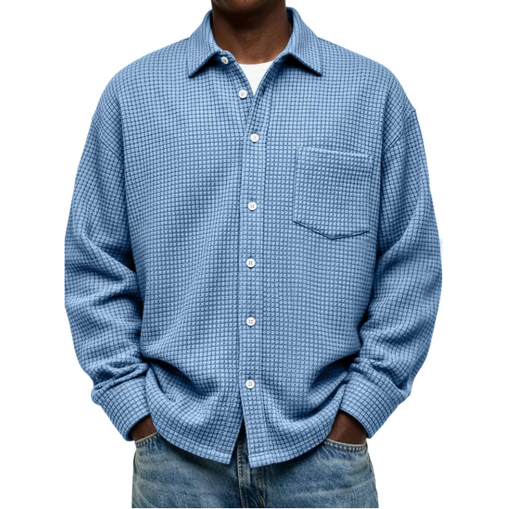 Single Breasted Vintage Long Sleeve Shirt Men Loose Solid Color Spring Autumn Men's Casual Pocket Shirt