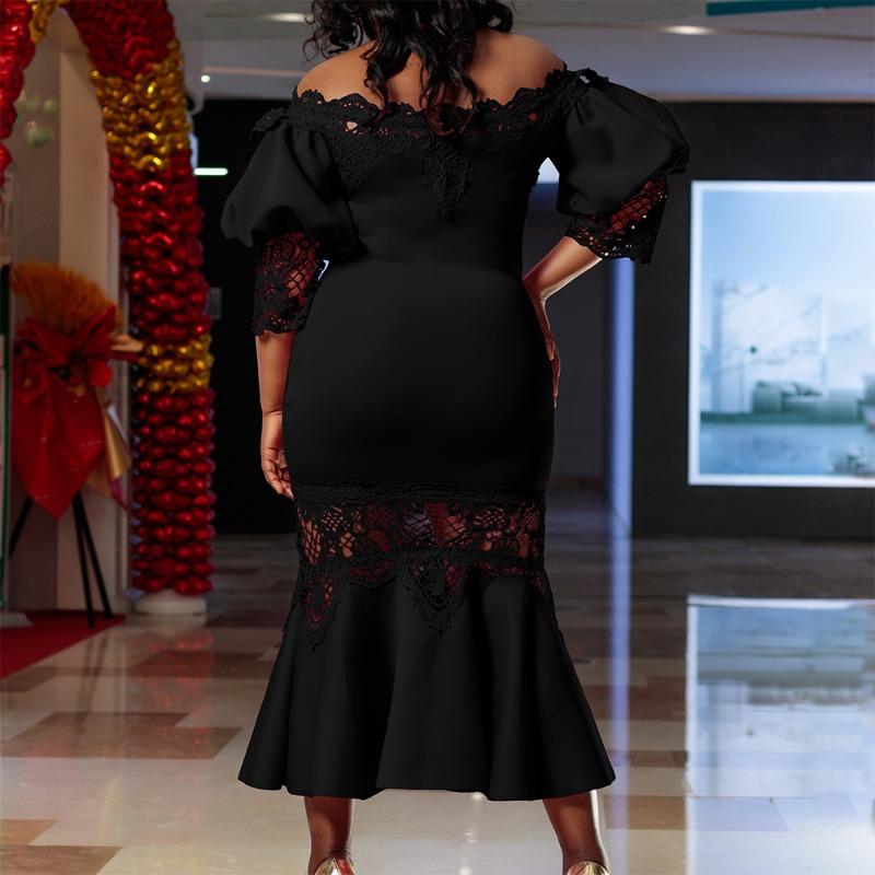 Women Sexy Lace Off Shoulder High Waist Mermaid Evening Party Midi Dress