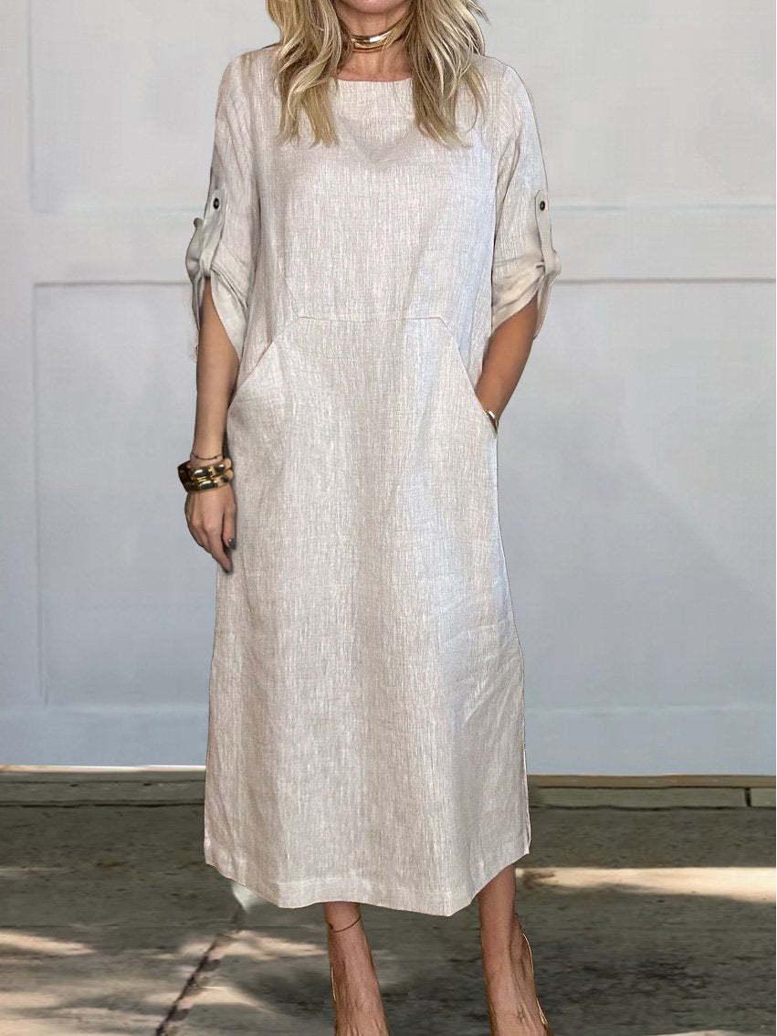 

2024 European & American Summer Casual Solid Color Short-Sleeve Cotton Linen Dress 2XL белый