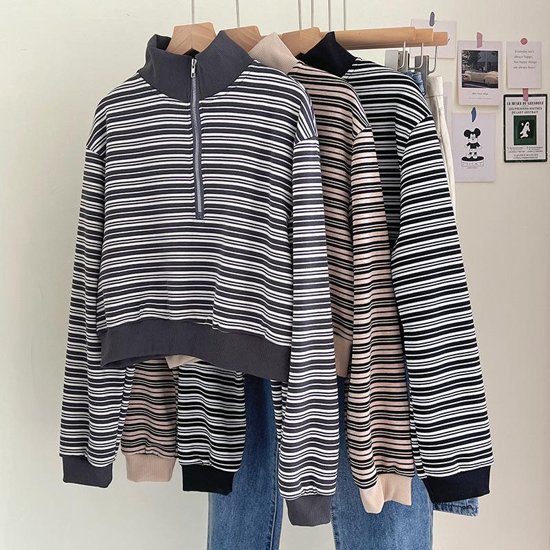 Women's Striped Half-Zip Cropped Hoodie - 2023 Autumn/Winter Long-Sleeve Loose Casual Top