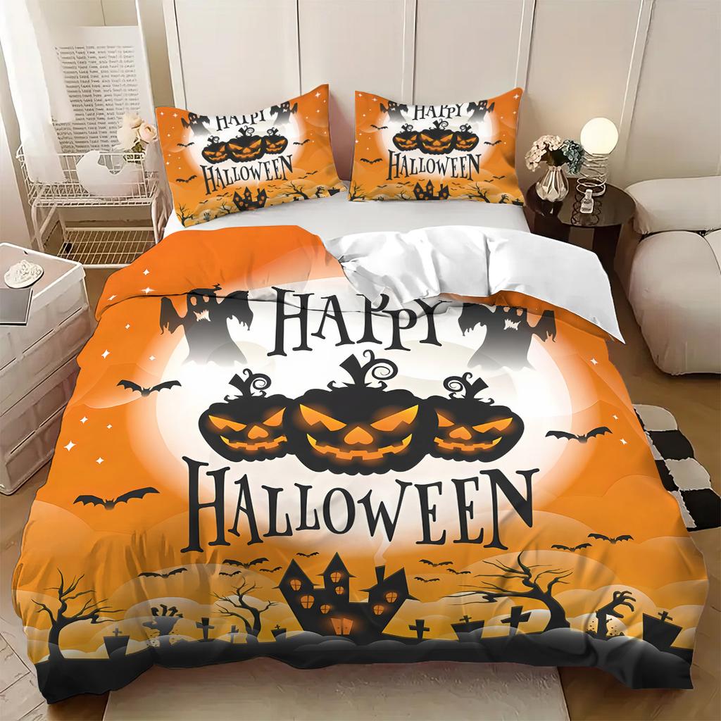 3-piece Halloween themed pumpkin, castle pattern, 1 quill cover+2 pillowcases, coreless, soft and comfortable bedding set