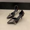 Fashion Pointed Toe High Heels Summer New Pointed Toe Shallow Mouth Metal Buckle One Buckle Strap Anti-Slip Wear-Resistant Sandals