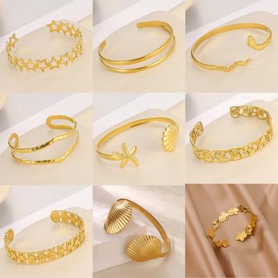Summer Waterproof Cuff Bangles Bracelet For Women Cute Flower Double Layer Open Stainless Steel Gold Color Star Shell Jewelry