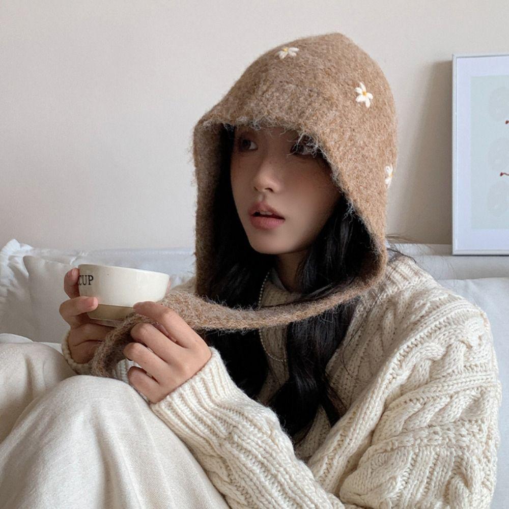Cute Ear Protection Hat Pullover Hat Winter Cap Fashion Flower Balaclava Hat  Streetwear
