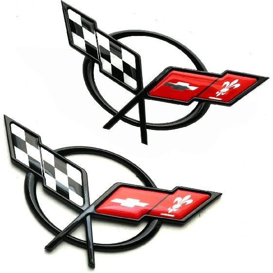 Paar-Set 1997-2004 Corvette C5 Front-Haubenemblem und Heckklappe 3D Gekreuzte Flaggen Abzeichen Ersatz für Corvette (Schwarz Rot)