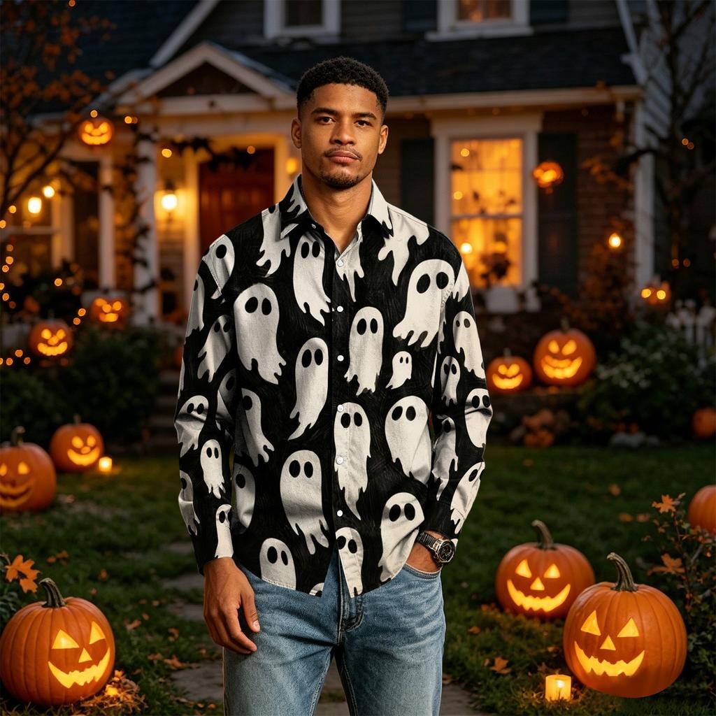 Men's Long Sleeve Button-Down Halloween Print Shirt for Casual Party Wear