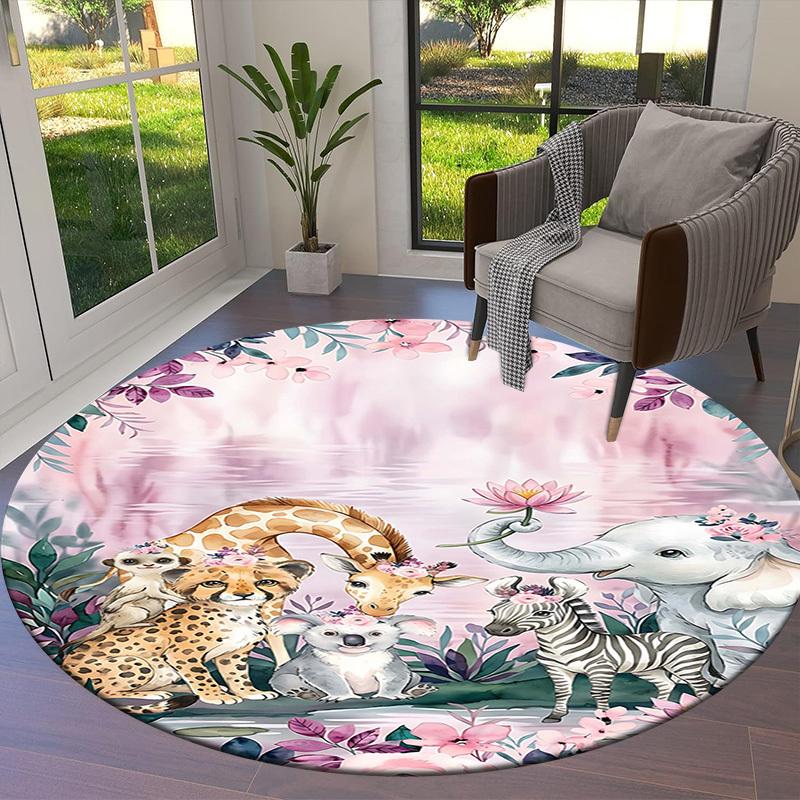 1PC Zoo Animal Non-Slip Floor Round carpet, Office, family, bedroom, Large Area Rug Indoor Rugs, Durable PolyesterH0354