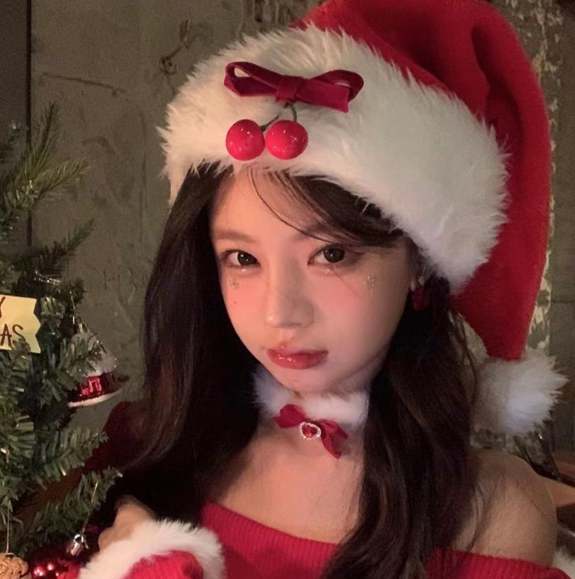 Fashion Red Sweet Cherry Bow Plush Santa Hat Women Warm Windproof Ear Protection Festive Party Supplies New Year Christmas Gifts