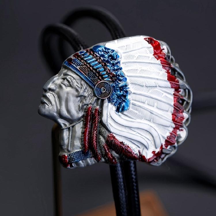 Mens Bolo Tie Indian Head Feathered Western Cowboy Necklace Jewelry Shirt Chain