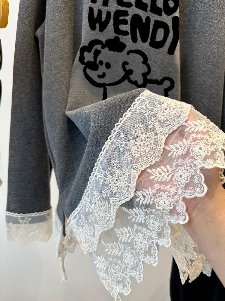 Stilvolles Cartoon-Welpen-Langarm-T-Shirt mit Spitzenbesatz in Übergröße für Damen – Herbst/Winter