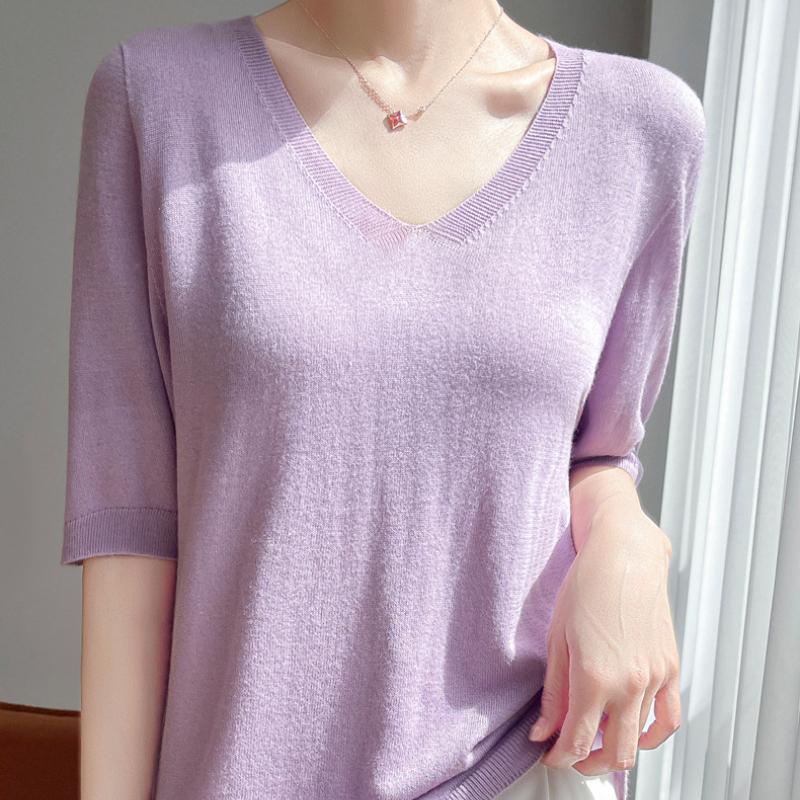 

Новая летняя однотонная трикотажная футболка с коротким рукавом для женщин, корейская, с V-образным вырезом, рукавом три четверти, свободная, пуловер, трикотажная, тонкая, с коротким рукавом M фиолетовый