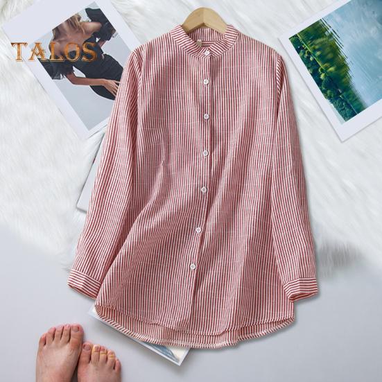 Damen Bluse mit Stehkragen, Langarm, Einreiher, Oberteile, vertikal gestreifter Druck, lockere Passform, Bürodamenbluse