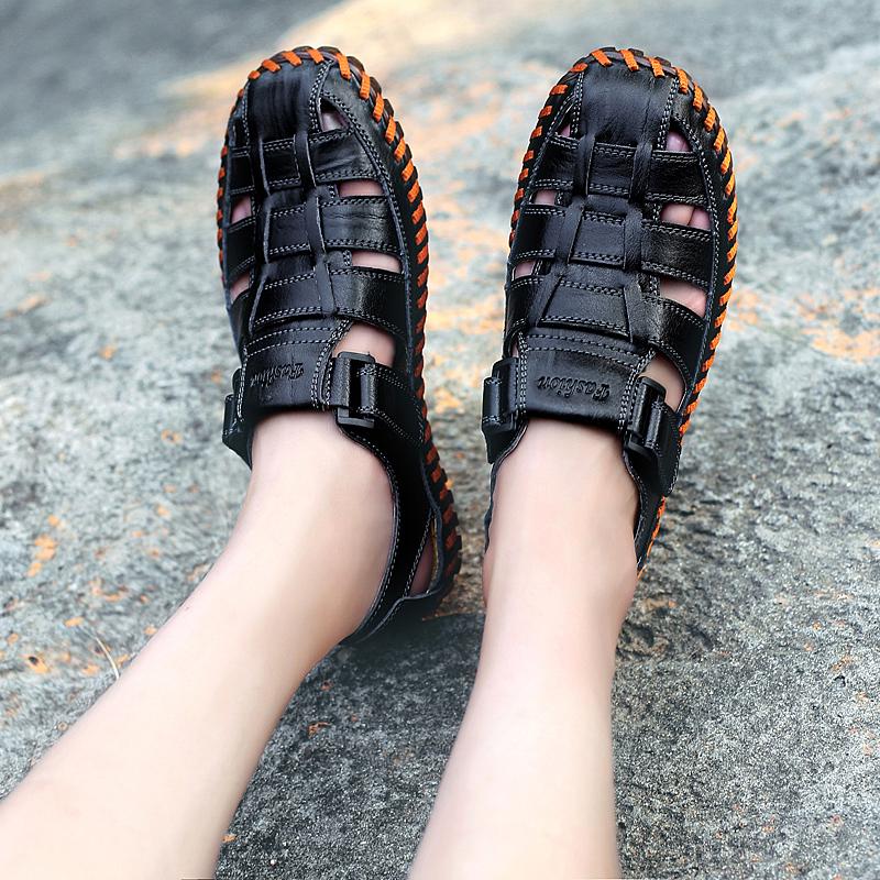 Men Outdoor Hiking Sandals Black Leather Closed Toe Yellow Beach Shoes Wide Handmade Sandals Plus Size for Father
