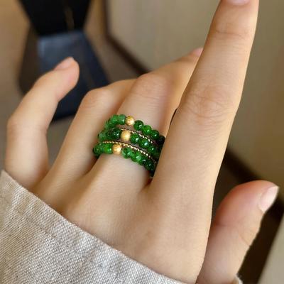 Vintage and Small Green Round Beads Natural Chalcedony Rings for Women New In Chinese Style Elastic Rope Ring  Gift