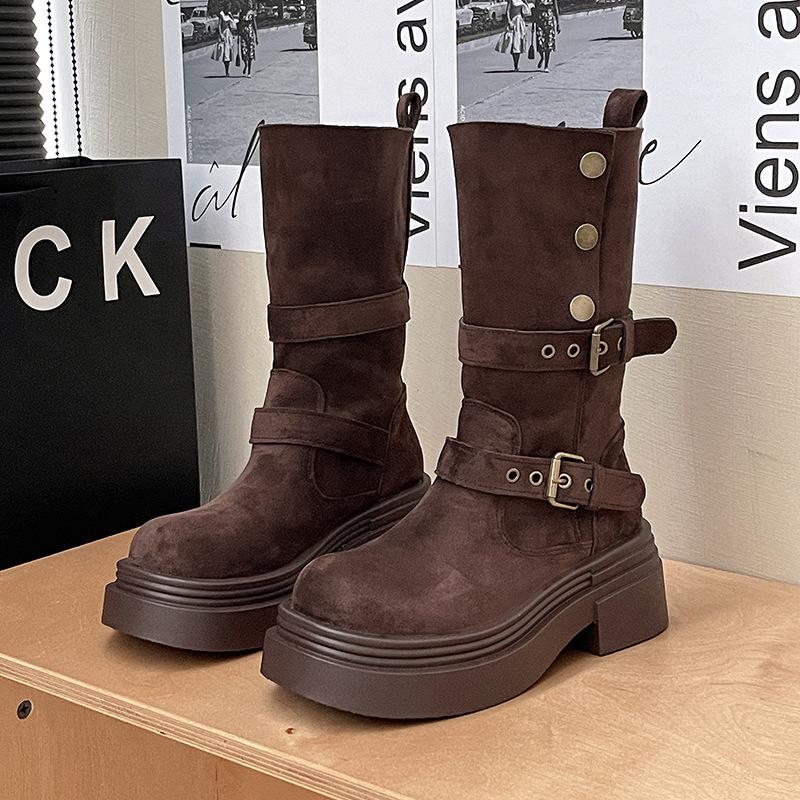Retro two-wear locomotive boots for women's autumn and winter new belt buckle heightened small thick heel thick-soled Martin short boots