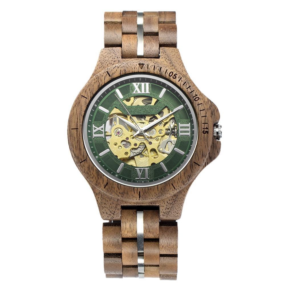 Luminous Stainless Steel Men s Mechanical Watches Automatic Pure Wood Handmade Watch Retro Hollow Out Automatic Mechanical Watch зелёный