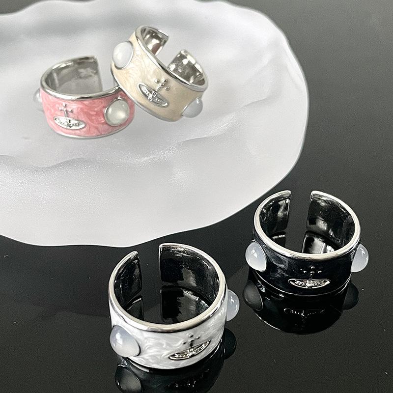 Niche Light Luxury Design Open Ring Light Luxury High Sense Saturn Planet Medieval Enamel Pearl Drop Glaze Ring Female