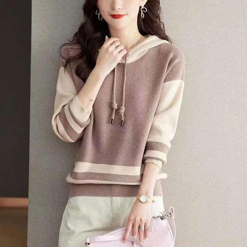

Women s Spring/Fall Color-Block Knit Hoodie Simple Oversized Pullover Sweatshirt XXS